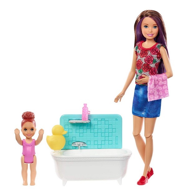Barbie bébiszitter játékszett - Fürdetés barna hajú babával