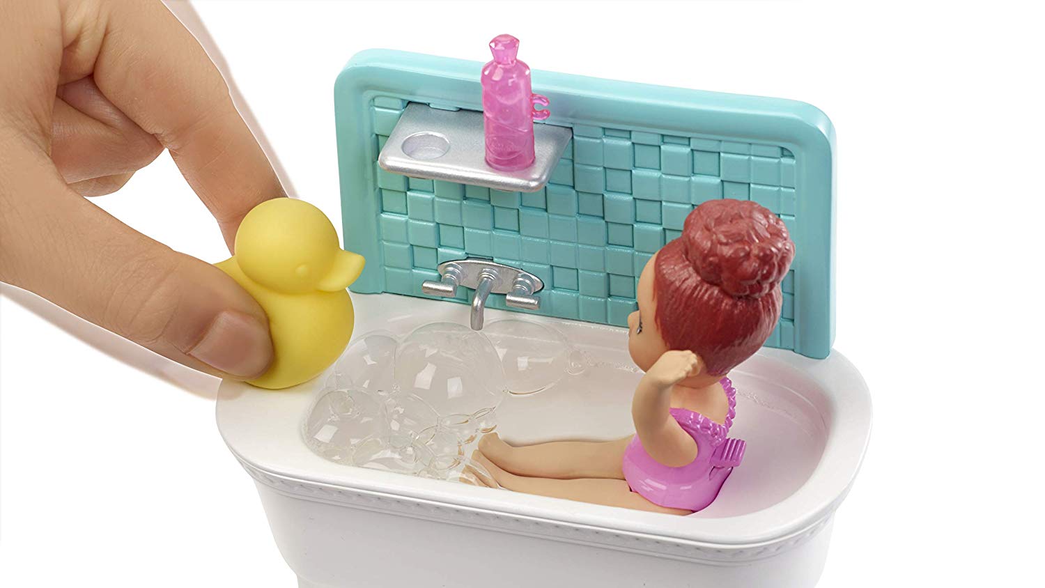 Barbie bébiszitter játékszett - Fürdetés barna hajú babával