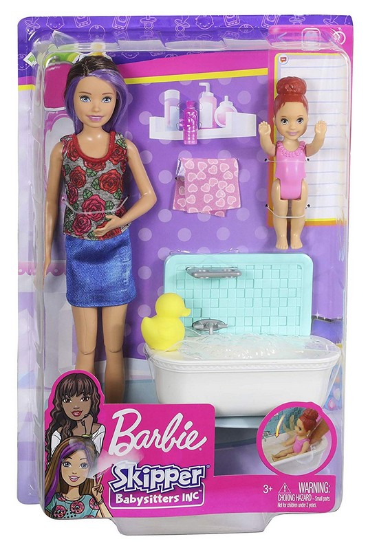 Barbie bébiszitter játékszett - Fürdetés barna hajú babával